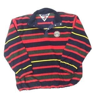 Vtg 90s Tommy Hilfiger Large Striped Snap T Fleece Pullover Oversized Crest Logo